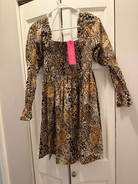 NWT LILLY PULITZER BEYONCA LONG SLEEVE SMOCKED DRESS SIZE M RATTAN WALK ON WILD